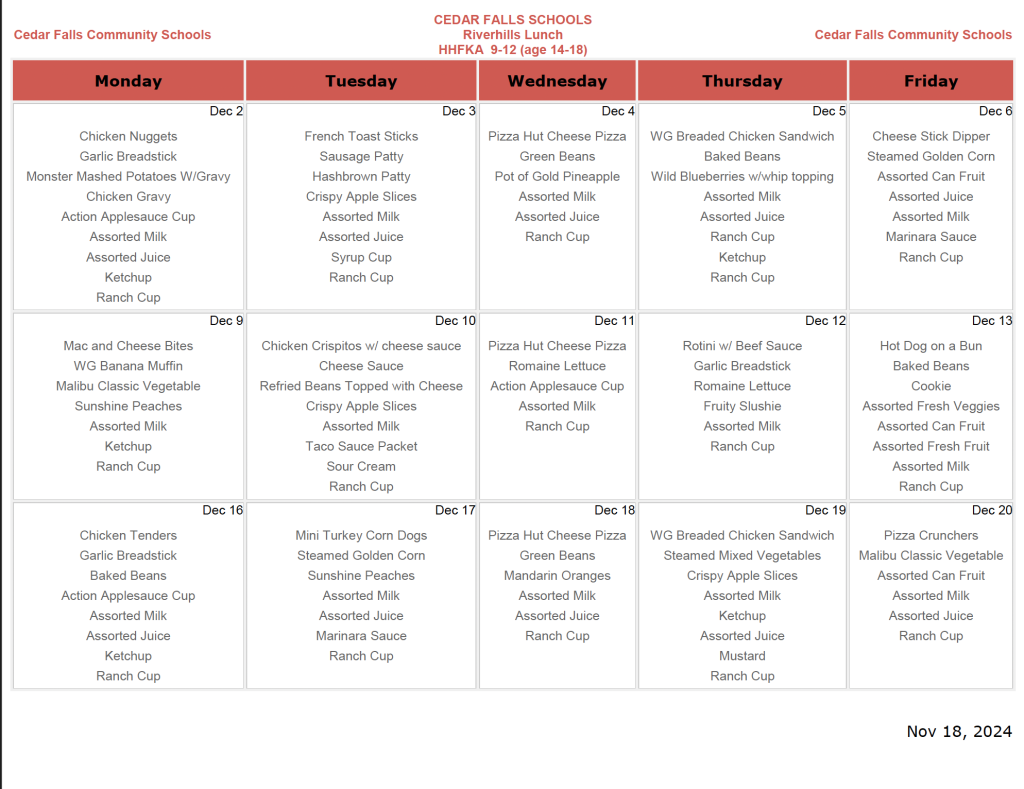 River Hills Dec. lunch menu